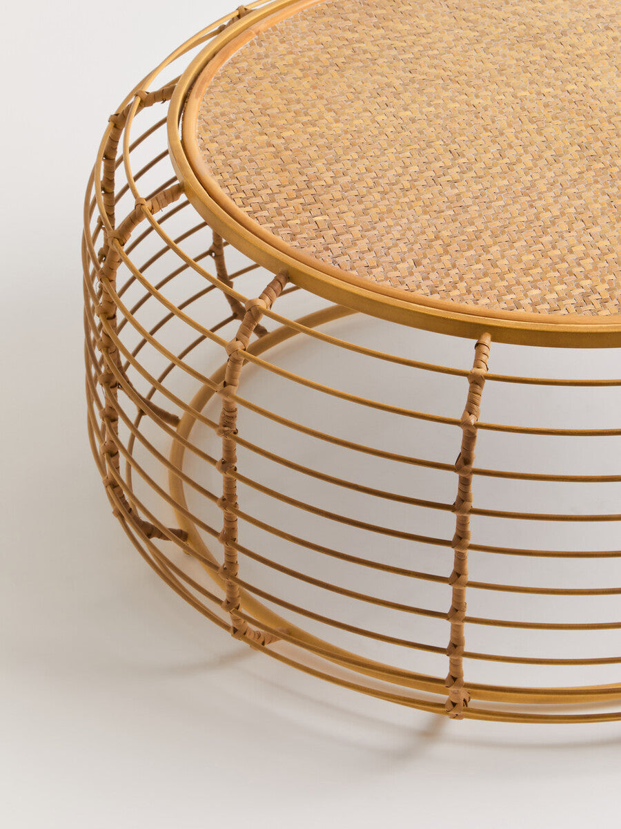 Natural Round Hand Woven Rattan Top Coffee Table with Gold Finish Cage Base, Trento