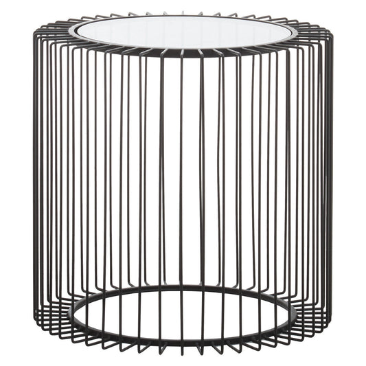 Tempered Glass Top Round Side Table with Black Wireframe Cage Design Base, Trento