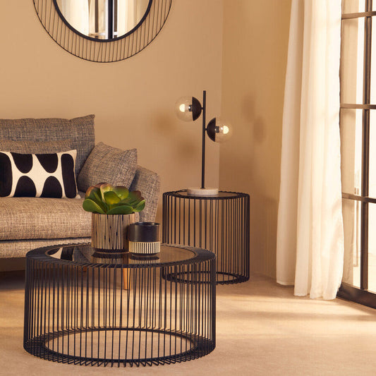 Trento Black Metal Round Coffee Table with Glass Top