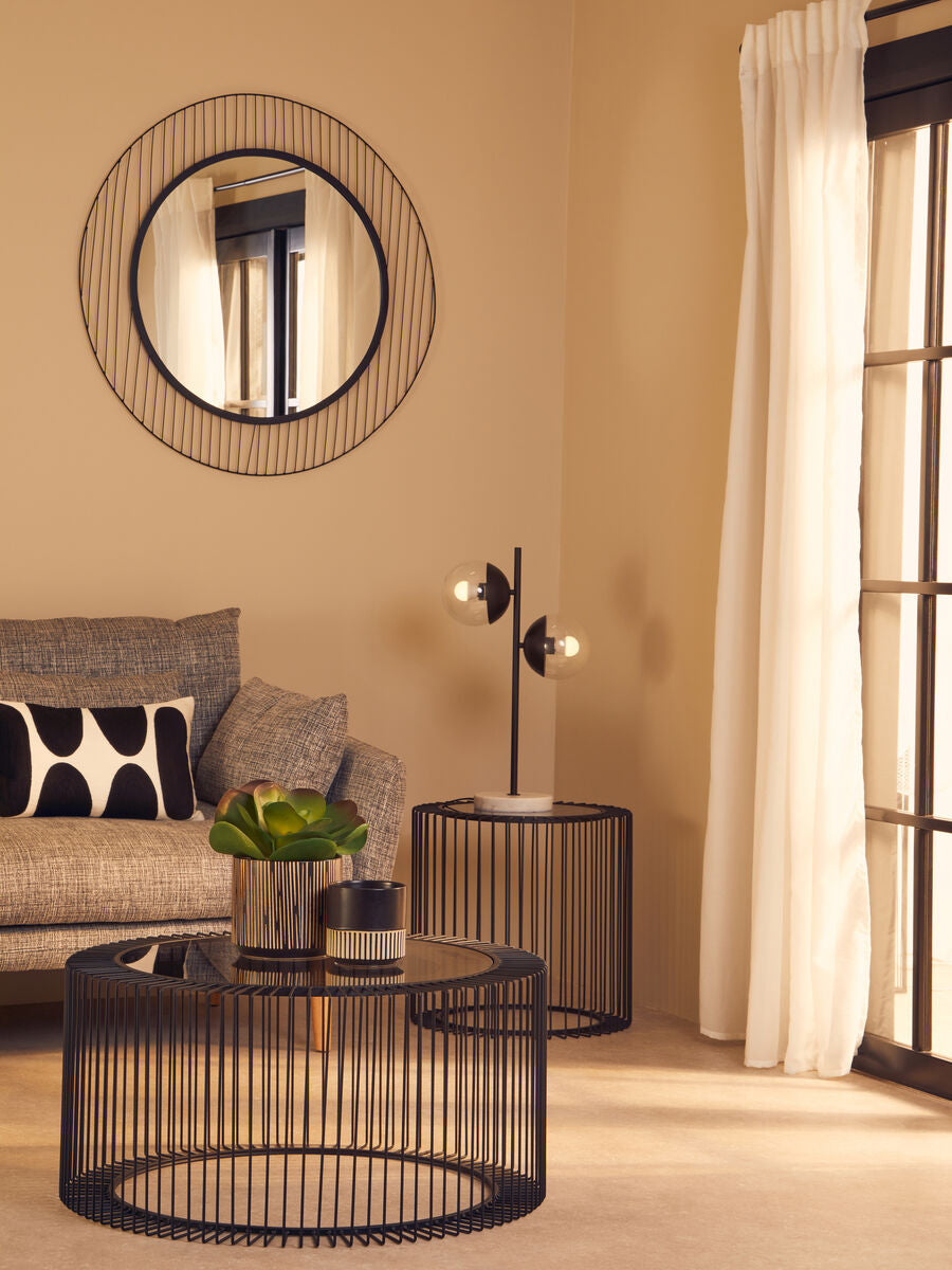 Trento Black Metal and Glass Round Coffee Table with Cage Design
