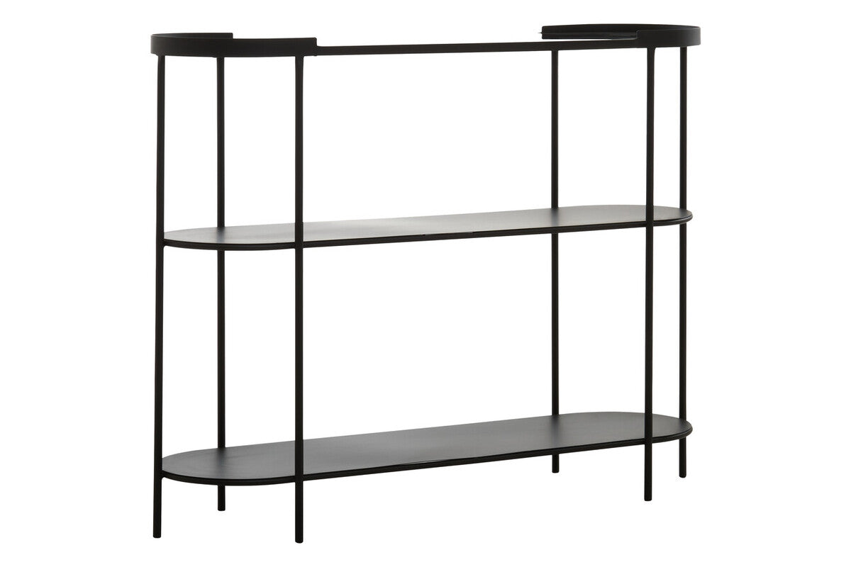 Grey Glass Top Console Table with Two-Tier Shelves and Black Metal Frame, Trento