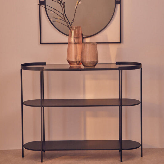Grey Glass Top Console Table with Two-Tier Shelves and Black Metal Frame | Trento
