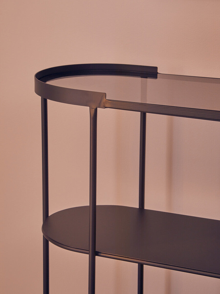 Grey Glass Top Console Table with Two-Tier Shelves and Black Metal Frame, Trento