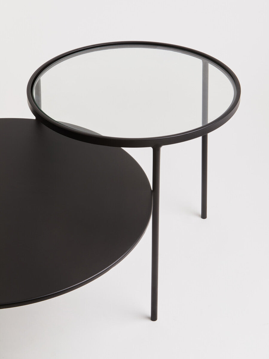 Trento Clear Glass and Black Finish 2 Tier Coffee Table