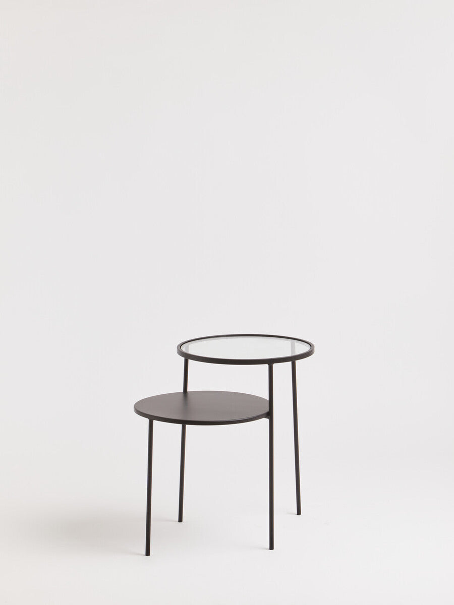 Clear Glass Top and Black Metal Lower Top End Table with Black Iron Frame, Trento