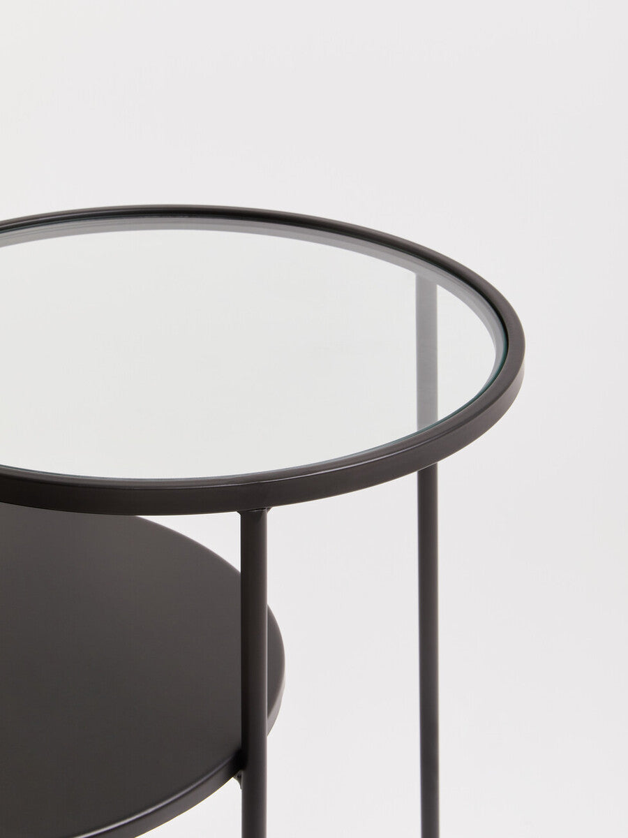 Clear Glass Top and Black Metal Lower Top End Table with Black Iron Frame, Trento