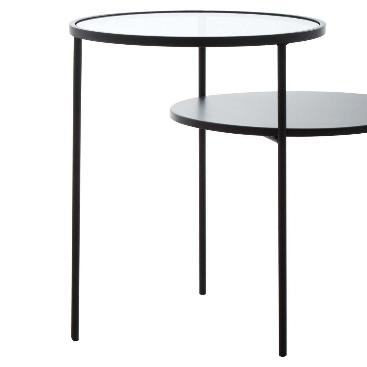Clear Glass Top and Black Metal Lower Top End Table with Black Iron Frame, Trento