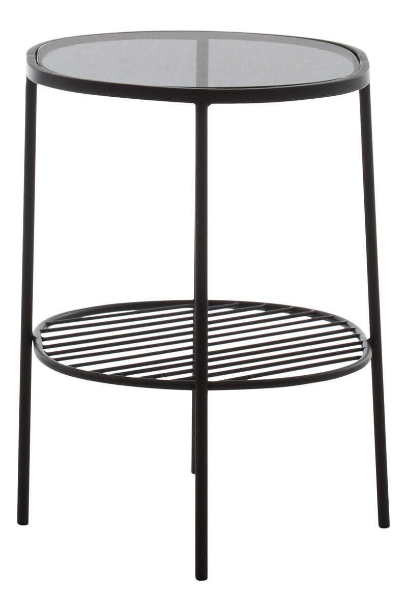 Grey Tempered Glass Side Table with Lower Metal Tier and Black Iron Frame, Trento