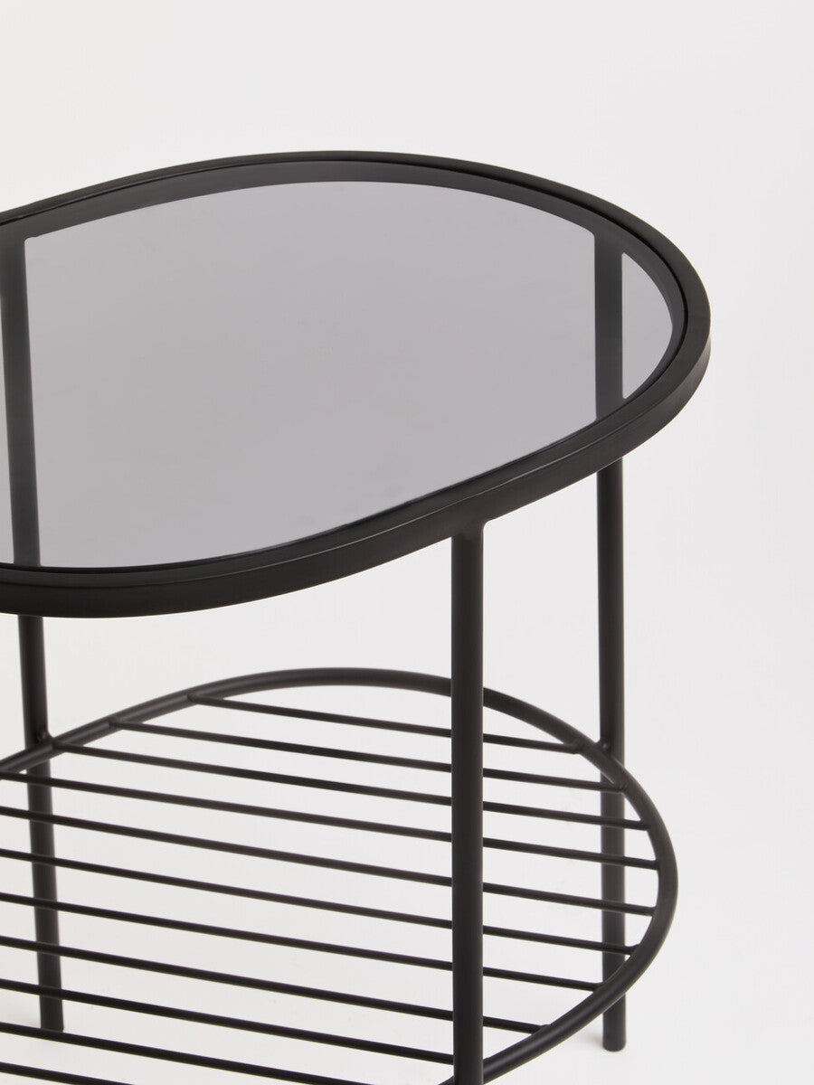 Grey Tempered Glass Side Table with Lower Metal Tier and Black Iron Frame, Trento