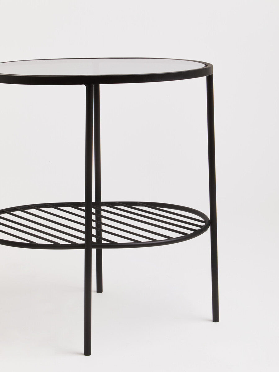Grey Tempered Glass Side Table with Lower Metal Tier and Black Iron Frame, Trento