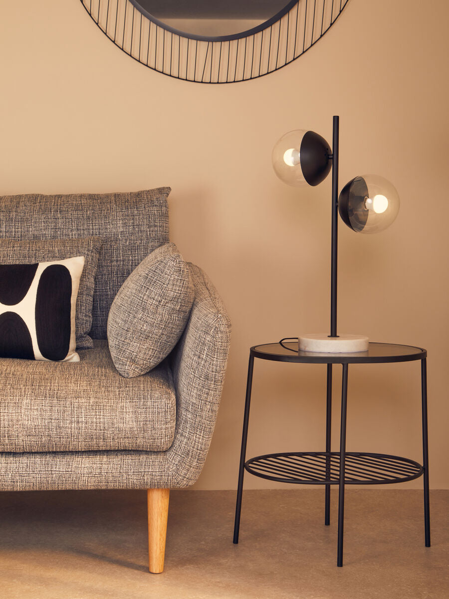 Grey Tempered Glass Side Table with Lower Metal Tier and Black Iron Frame, Trento