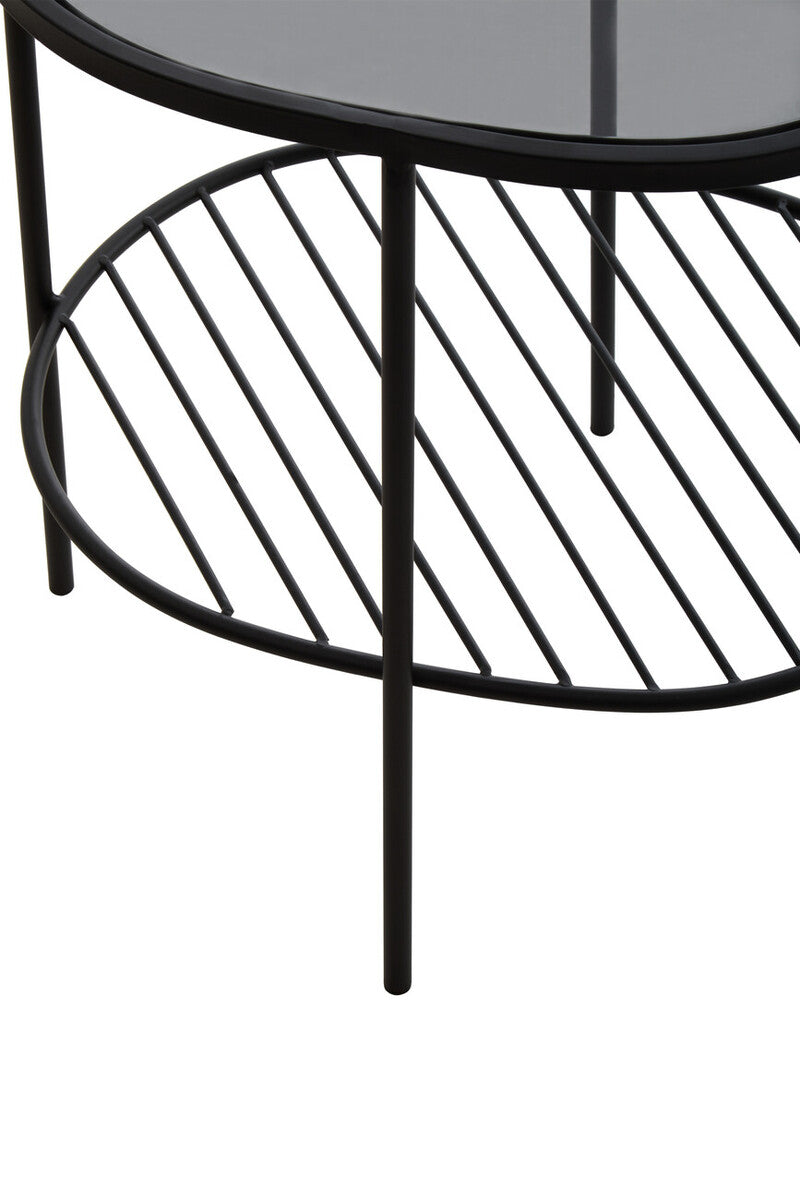 Grey Tempered Glass Side Table with Lower Metal Tier and Black Iron Frame, Trento