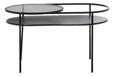 Black Metal Two Tier Oval Side Table with Grey Tempered Glass Top, Trento
