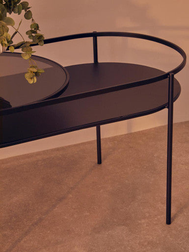 Trento Grey Glass and Black Finish 2 Tier Oval Coffee Table