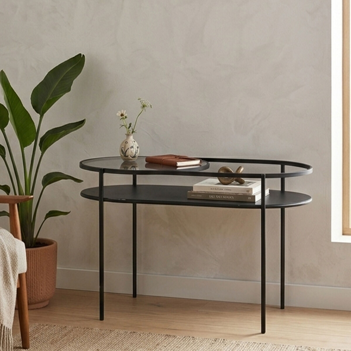 Trento Grey Glass and Black Finish 2 Tier Oval Coffee Table