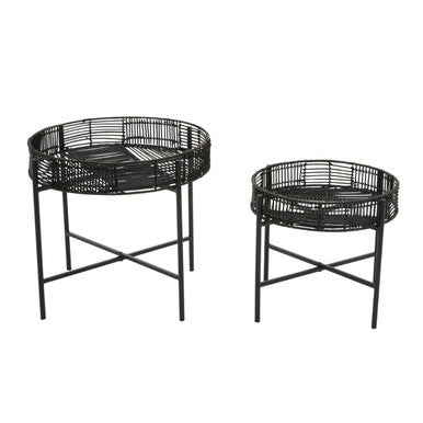 Set of 2 Black Rattan Top Side Tables with Cross Metal Frame, Batu
