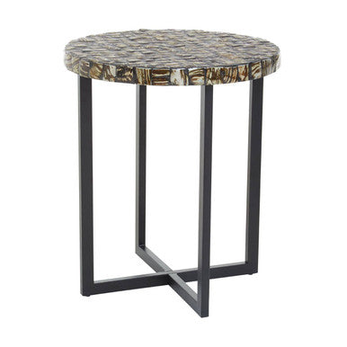 Inlaid White Shell Top Handcrafted Round Side Table with Black Metal Cross Base, Branna