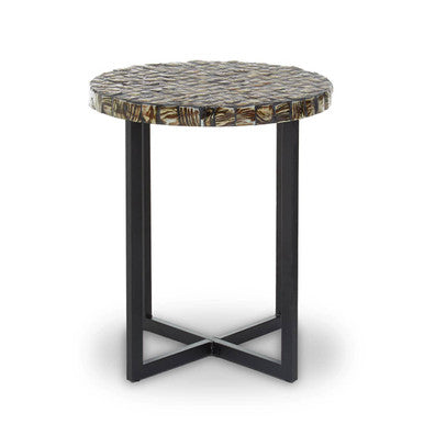 Inlaid White Shell Top Handcrafted Round Side Table with Black Metal Cross Base, Branna