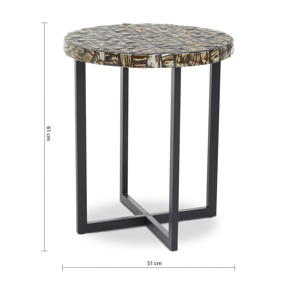 Inlaid White Shell Top Handcrafted Round Side Table with Black Metal Cross Base, Branna