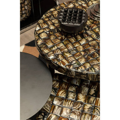 Inlaid White Shell Top Handcrafted Round Side Table with Black Metal Cross Base, Branna