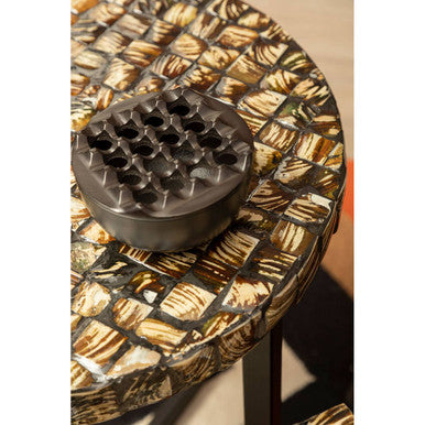 Inlaid White Shell Top Handcrafted Round Side Table with Black Metal Cross Base, Branna