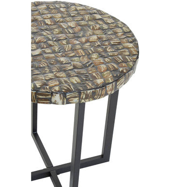 Inlaid White Shell Top Handcrafted Round Side Table with Black Metal Cross Base, Branna