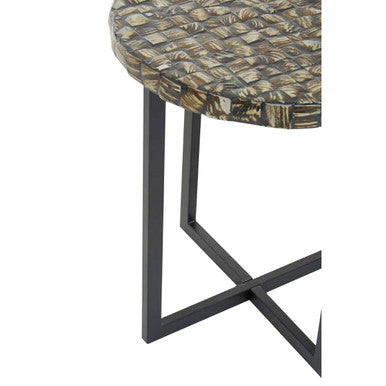 Inlaid White Shell Top Handcrafted Round Side Table with Black Metal Cross Base, Branna