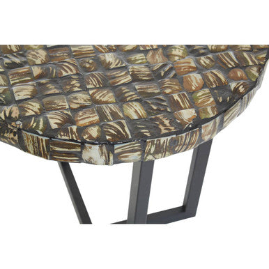 Inlaid White Shell Top Handcrafted Round Side Table with Black Metal Cross Base, Branna