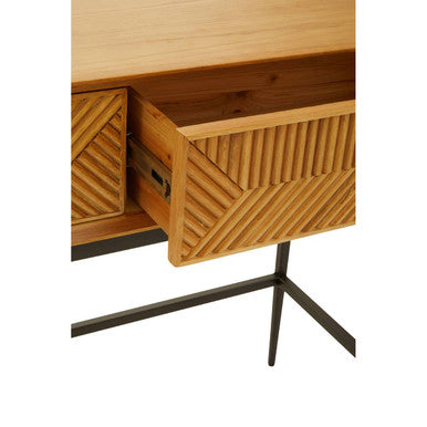 Natural Carved Wooden Effect Console Table with 2 Storage Drawer, Jakara