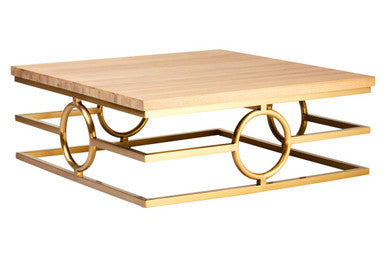 Natural Oak Top Coffee Table with Gold Finish Stainless Steel Openwork Base, Jarloi