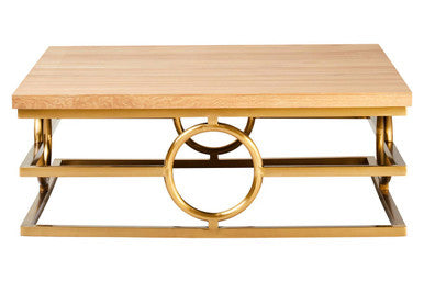 Natural Oak Top Coffee Table with Gold Finish Stainless Steel Openwork Base, Jarloi