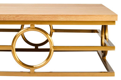 Natural Oak Top Coffee Table with Gold Finish Stainless Steel Openwork Base, Jarloi