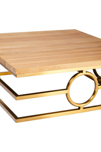 Natural Oak Top Coffee Table with Gold Finish Stainless Steel Openwork Base, Jarloi