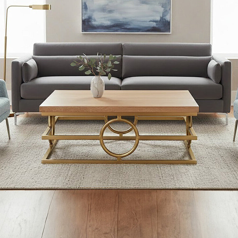 Natural Oak Top Coffee Table with Gold Finish Stainless Steel Openwork Base, Jarloi