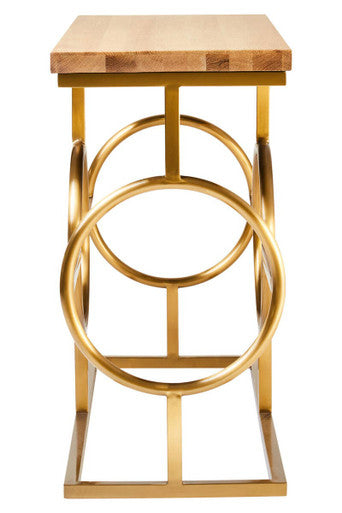 Natural Oak Top Console Table with Gold Finish Stainless Steel Openwork Base, Jarloi