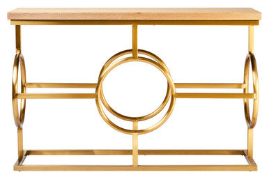 Natural Oak Top Console Table with Gold Finish Stainless Steel Openwork Base, Jarloi