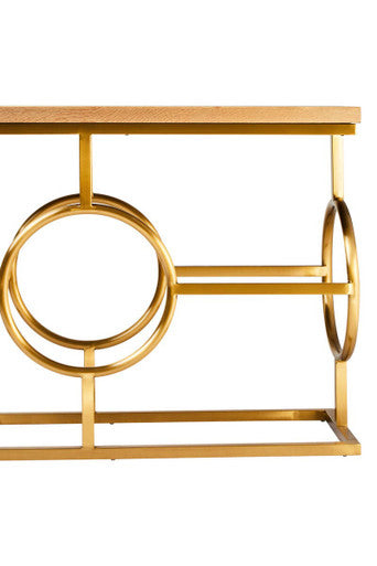 Natural Oak Top Console Table with Gold Finish Stainless Steel Openwork Base, Jarloi