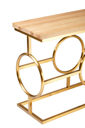 Natural Oak Top Console Table with Gold Finish Stainless Steel Openwork Base, Jarloi