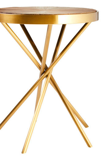 Natural Fir Wood Top Round Side Table with Sculptural Gold Stainless Steel Frame, Jana