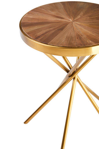 Natural Fir Wood Top Round Side Table with Sculptural Gold Stainless Steel Frame, Jana