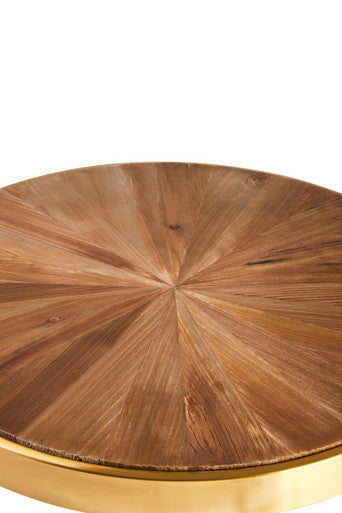 Natural Fir Wood Top Round Side Table with Sculptural Gold Stainless Steel Frame, Jana