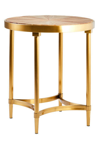 Gold Aged Fir Wood Rustic Top Side Table with Stainless Steel Curved Base, Jana