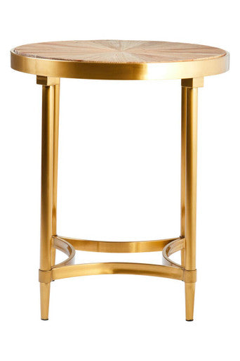 Gold Aged Fir Wood Rustic Top Side Table with Stainless Steel Curved Base, Jana