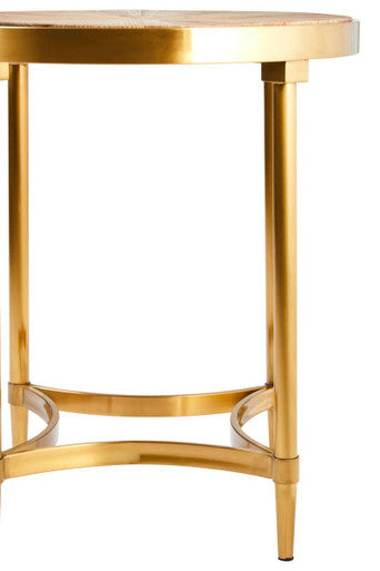 Gold Aged Fir Wood Rustic Top Side Table with Stainless Steel Curved Base, Jana