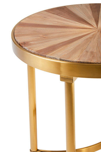 Gold Aged Fir Wood Rustic Top Side Table with Stainless Steel Curved Base, Jana