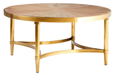 Gold Aged Fir Wood Rustic Top Coffee Table with Stainless Steel Curved Base, Jana
