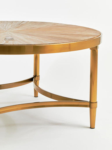 Gold Aged Fir Wood Rustic Top Coffee Table with Stainless Steel Curved Base, Jana