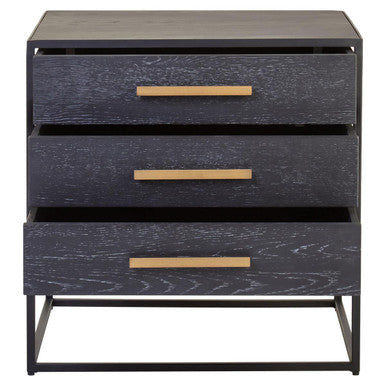 Black Finish 3-Drawer Side Table with Metallic Handles and Iron Frame, Judd