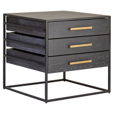 Black Finish 3-Drawer Side Table with Metallic Handles and Iron Frame, Judd