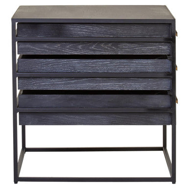 Black Finish 3-Drawer Side Table with Metallic Handles and Iron Frame, Judd